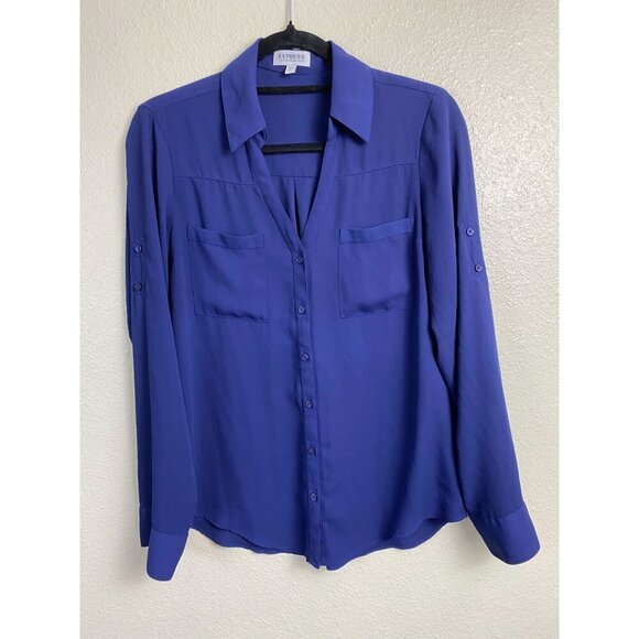Express Womens Portofino Blue Long Sleeve Button Up Top size Small Flowy Career - Picture 1 of 10